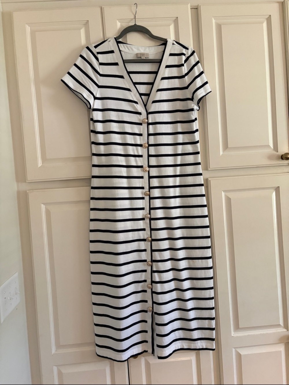 LOFT White and Black Striped Button-Front Midi Dress